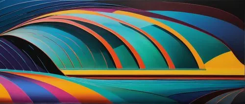 Colorful fins, futuristic architecture, curved lines, iridescent materials, neon lights, reflective surfaces, ocean-inspired design, wavy patterns, underwater ambiance, abstract structure, glow-in-the