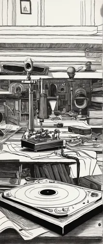 turntable,frame drawing,high fidelity,workbench,instruments,vinyl player,music instruments on table,orrery,lathe,thorens,pinball,the record machine,tinkering,camera drawing,phonograph,sewing machine,record player,machinery,camera illustration,game drawing,Illustration,Black and White,Black and White 29