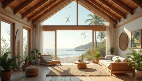 Beach loft, vernacular architecture, seaside, wooden structure, natural materials, large windows, skylight, high ceiling, open plan living area, minimalist decoration, rustic furniture, woven rattan c