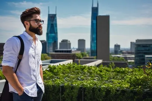 Male, bachelor of fine arts, architectural designer, 25yo, stylish hair, black glasses, beard, white shirt, dark jeans, sneakers, holding a large portfolio, standing confidently, modern university cam