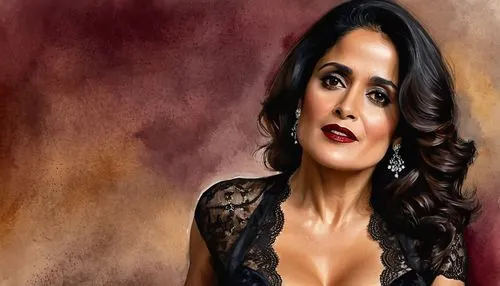 Salma Hayek, mature lady, sexy, solo, (40yo), beautiful detailed face, dark hair, subtle makeup, red lipstick, black lace bra, bare shoulders, sensual expression, soft focus, warm lighting, intimate a