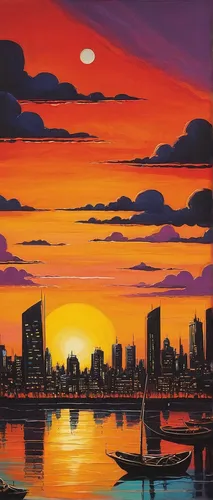 Write a short story about a breathtaking sunset in an ugly city.,osaka bay,sharjah,city skyline,san diego skyline,cityscape,sydney skyline,mumbai,oil painting on canvas,buenos aires,porto alegre,guana