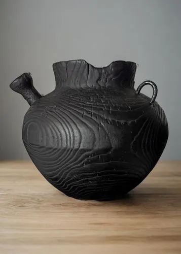 ваза стоит на деревянном столе и на заднем фоне белая стена,a black vase sitting on top of a wooden table,asian teapot,fragrance teapot,stoneware,tureen,serving bowl,bizen