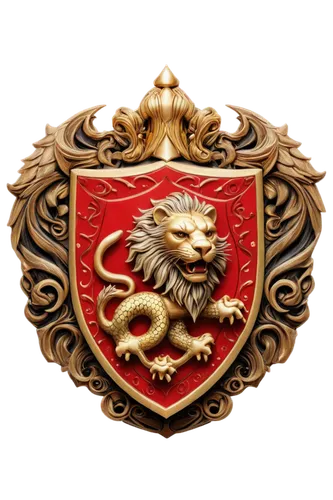 Golden Hogwarts crest, shield shape, red and gold colors, lion and snake details, intricate patterns, 3D embossing effect, glossy finish, centered composition, warm lighting, high contrast, cinematic 