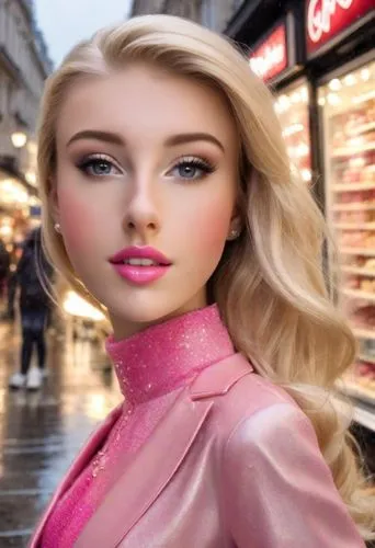 Beautiful blonde lady dressed as Barbie going shopping in real life, in a rainy London street,realdoll,women's cosmetics,barbie,fashion dolls,doll's facial features,fashion doll,artificial hair integr