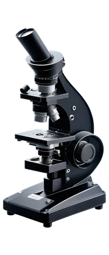 Microscope, laboratory equipment, metal body, rounded shape, adjustable lenses, stage clips, coarse adjustment knob, fine adjustment knob, light source, LED illumination, black background, shallow dep