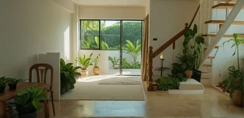 Imagine a lovely living room,  tropical  plants paradise, minimal style,  bedroom light, long short
,large indoor plants and wooden staircase leading to upstairs level,home interior,habitaciones,outsi