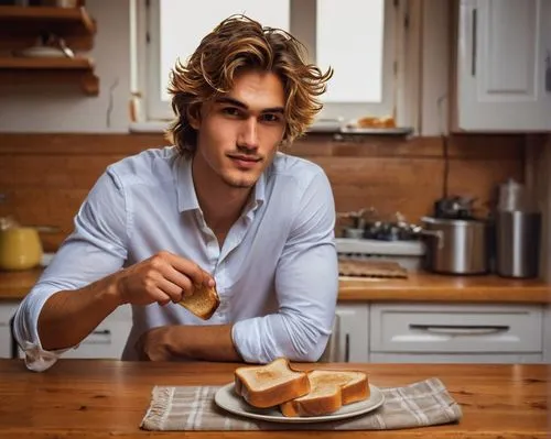 Leo, Toast, handsome young man, holding toast, casual wear, white shirt, dark blue jeans, messy hair, slight smile, warm lighting, cozy atmosphere, morning scene, kitchen counter, wooden table, few ut