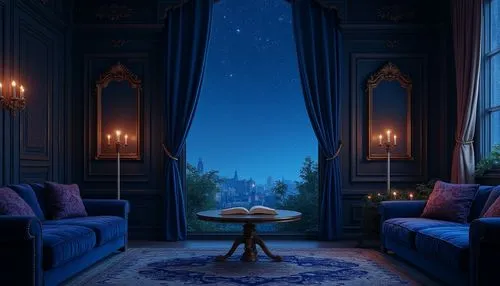 Mysterious indigo night sky, twinkling stars, celestial bodies, dark blue hues, rich velvet fabrics, luxurious upholstery, regal accents, mystical auras, ancient wisdom, spiritual connections, profoun