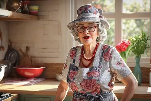 Mature lady, juicy granny, solo, (50yo), wrinkled skin, curly grey hair, cat eye glasses, bold red lipstick, pearl necklace, floral patterned dress, apron, baking hat, mixing bowl, wooden spoon, kitch