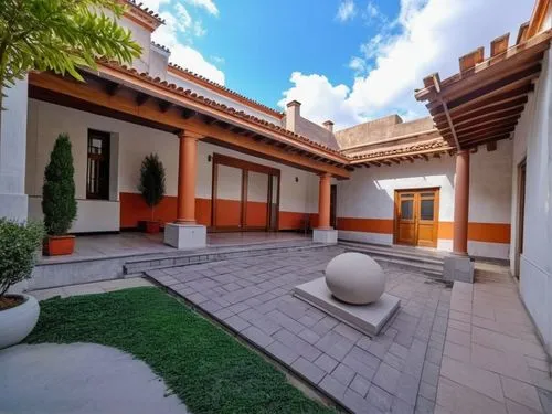 DISEÑO DE UNA CASA ESTILO MEXICANO MODERNO, CON UN CLAUSTRO CONFORMADO POR UNA TERRAZA  A BASE DE VIGAS DE MADERA, TEJA, COLUMNAS REDONDAS, EN EL CENTRO UN ESPEJO DE AGUA, CON EL ESTILO DE LA ARQUITEC