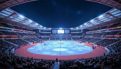 Futuristic sports stadium, neon-lit athletic tracks, holographic scoreboards, sleek metallic bleachers, transparent roofs, retractable domes, advanced LED lighting systems, high-tech surveillance came