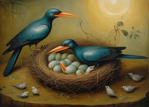 Depict a peaceful moment of a bird delicately feeding its young ones in a cozy nest.,bird eggs,blue eggs,bird painting,painted eggs,songbirds,bird nests,spring nest,blackbirds,broken eggs,easter nest,