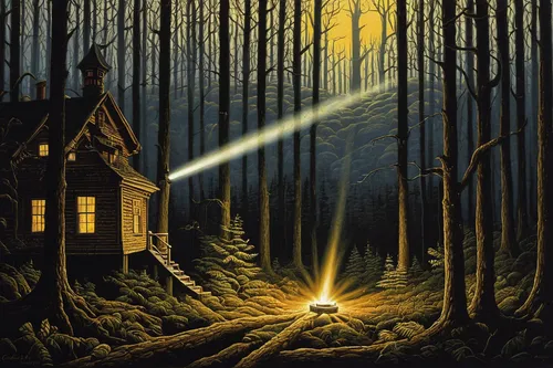 guiding light,night scene,light of night,beam of light,fireflies,house in the forest,yellow light,flashlight,searchlights,light phenomenon,sci fiction illustration,northernlight,incidence of light,a flashlight,witch house,star wood,nightlight,witch's house,the light,grave light,Conceptual Art,Daily,Daily 33