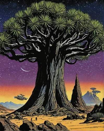 Craft a mysterious sci-fi world where the rare Canarian dragon tree holds the secret to intergalactic travel.,tree of life,baobab oil,bodhi tree,magic tree,sacred fig,argan tree,flourishing tree,drago