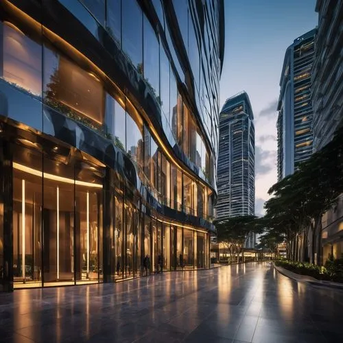 Spectacular SG architectural design, futuristic skyscraper, sleek metallic facade, curved lines, LED lights, glass windows, intricate steel beams, grand entrance, revolving doors, luxurious lobby, mar