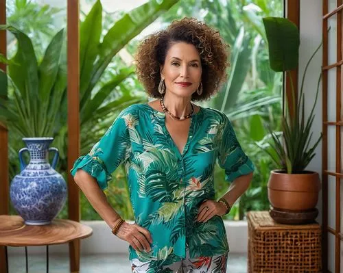 Modern Puerto Rican interior design, luxury villa, mature lady, relaxed posture, short curly hair, light makeup, elegant clothing, standing near a floor-to-ceiling window, overlooking a lush tropical 