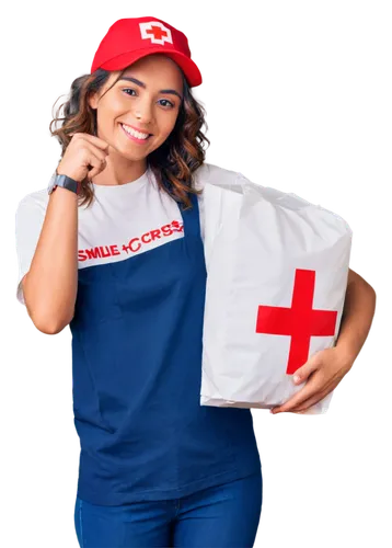 Young adult, volunteer, casual wear, smile, bright eyes, messy hair, baseball cap, red cross emblem on shirt, holding a donation box, standing with crossed legs, warm sunlight, soft focus, 3/4 composi