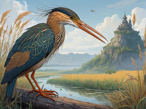 In a fantasy world, a bittern possesses the power of healing through its call. Write a scene where a wounded warrior seeks out the mystical bird for help.,coastal bird,pacific heron,heron,great blue h