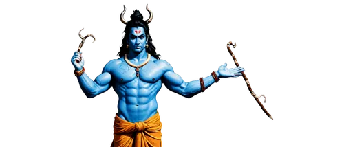 Lord Shiva, Indian deity, powerful muscular body, blue skin, four arms, third eye on forehead, crown with snakes, white ash smeared face, dreadlocks, sacred thread, rudraksha beads, tiger skin loinclo