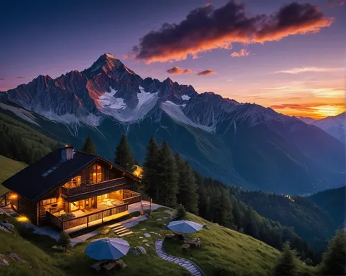 Describe a peaceful mountain resort at sunset. Write about the breathtaking view from the top.,mountain hut,house in mountains,alpine hut,house in the mountains,swiss alps,alpine sunset,mountain huts,