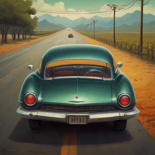 Create a thrilling chase scene involving a sleek sheet metal car.,porsche 356,porsche 356/1,356 b,porsche 550,open road,illustration of a car,retro automobile,aronde,route 66,route66,retro vehicle,ret