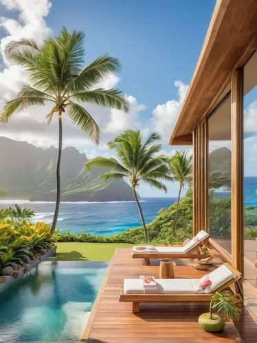 Kauai, Hawaii, tropical island, lush greenery, exotic flowers, modern architecture, sleek lines, minimalist style, glass walls, wooden accents, natural materials, open spaces, airy atmosphere, ocean v