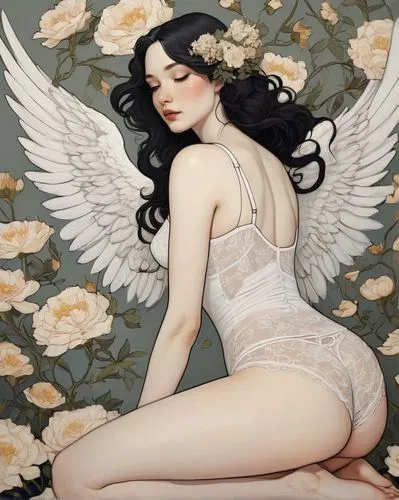 vintage angel,dita von teese,dita,baroque angel,viveros,fallen angel,Illustration,Black and White,Black and White 02