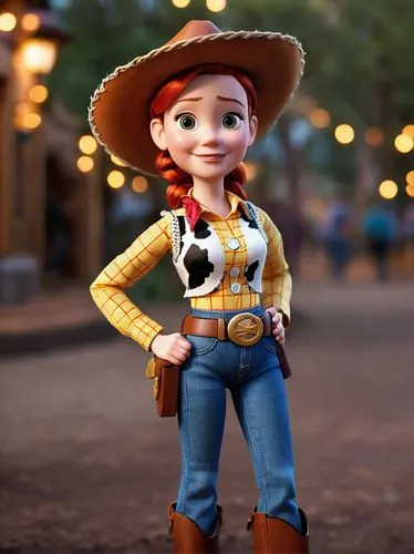 1girl, jessie from Toy Story, looking at viewer, big eyes, big smile, narrow hips, Pixar 3D animation, cowboy hat, red hair, braid, bow, belt, bootleg jeans, boots, (((round face))), masterpiece, 8k,t