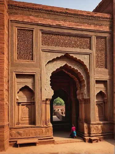 Delhi climate, hot and humid summer, mild winter, dusty atmosphere, bright sunlight, intense heat waves, traditional Indian architecture, Mughal influence, intricate carvings, ornate details, sandston