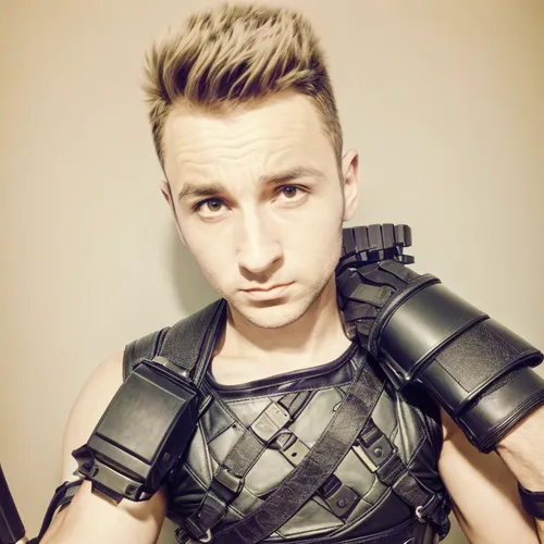 edit icon,quiff,harnesses,vest,armour,cuirass,icon facebook,banner,harness,harnessed,armor,tustin,arms,photo shooting,holster,twitter icon,ballistic vest,mohawk hairstyle,lifejacket,spiky