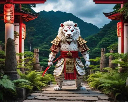 a majestic samurai roams the ancient Japanese enchanted land, surrounded by towering stone walls and towering lions. Its white fur is deep red with white stripes, and its large eyes fixate on a small 