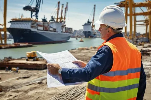 Naval architecture, job site, mature male engineer, white hard hat, blueprints in hand, yellow vest, rugged boots, standing, inspecting, construction zone, cranes, ships under renovation, harbor backg