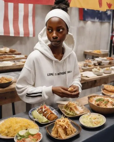 Create an AI-generated image of me sampling exotic food at the Global Food Festival's 'Taste of the World' section. In the image, I am standing in front of a wall decorated with flags from around the 