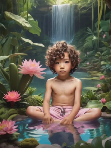 young child sitting on water surrounded by pink lilies,vishishtadvaita,padmasana,babaji,yogananda,janmashtami,nitai