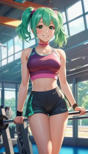 an anime girl is standing in a gym, in the style of photo-realistic techniques, light emerald and light bronze, sharp edges, barbiecore, gorgeous colors --ar 12:19 --s 750 --niji 5,gym girl,rowing dol