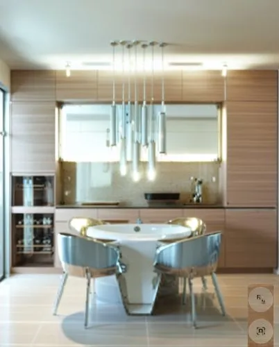 Create the interior of the kitchen of the future in high-tech style. Use neon accents and shiny materials such as chrome, glass and metallic. Keep the space high-tech and minimalist, with sleek surfac