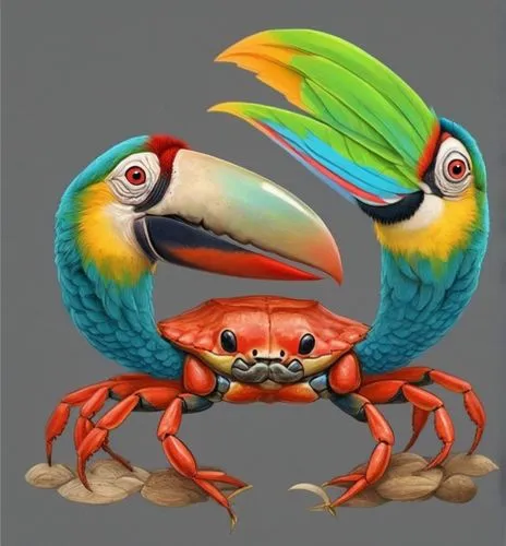 combination of crab and macaw.,two colorful birds with a crab on the back,crab 2,crab,fiddler crab,crab 1,the beach crab,crabs