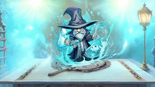 The magician appears in the house, picture book oil painting style,magistrate,magus,blue enchantress,magic grimoire,mage,magician,sorceress,wizard,witch's hat icon,halloween banner,the wizard,ghost ba