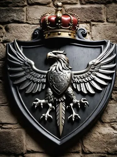 Family crest, medieval style, golden frame, intricate patterns, heraldic symbols, lion head, eagle wings, crossed swords, shield with coat of arms, knight helmet, regal crown, ornate details, Victoria