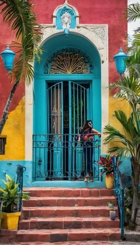 Colonial-style buildings, colorful facades, ornate balconies, wrought-iron railings, red-tiled roofs, bell towers, stone walls, vibrant street art, tropical plants, palm trees, exotic flowers, lively 