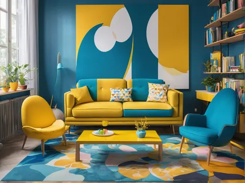 yellow and blue,sitting room,yellow wallpaper,modern decor,interior design,yellow wall,color turquoise,blue room,teal and orange,lemon pattern,living room,mid century modern,contemporary decor,livingroom,sofa set,decor,trend color,house painting,vibrant color,two color combination,Illustration,Japanese style,Japanese Style 03