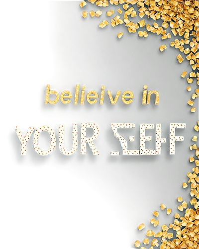 Instagram quote, white background, modern sans-serif font, bold text, inspirational message, "believe in yourself", golden confetti, subtle sparkle effect, 3D metallic frame, ornate corners, soft focu