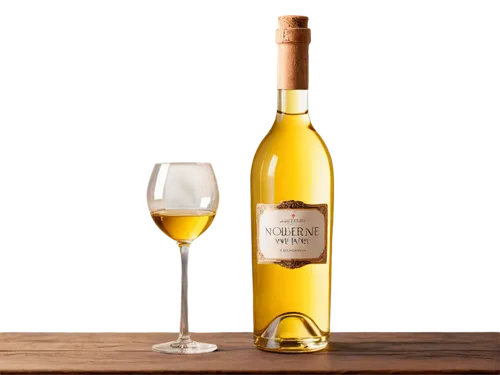 Wine bottle, transparent glass, curved shape, golden wine liquid, cork stopper, wine label, ornate font, still life, solo object, warm lighting, soft focus, shallow depth of field, wooden table, dim b