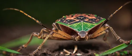 stink bug, realistic, insect, close-up, detailed texture, exoskeleton, six legs, antennae, brown and green mottled pattern, garden environment, grass blades, soil, leaves, natural habitat, soft ambien