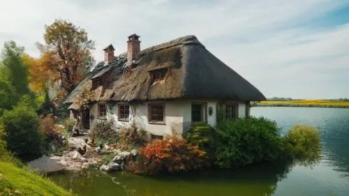 вдали поля подсолнухов,thatched cottage,house with lake,thatched,fisherman's house,country cottage,watermill,witch's house,home landscape,hameau,traditional house,ancient house,thatched roof,summer co