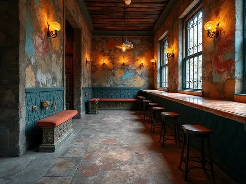 Rough stone walls, weathered wooden planks, rusty metal grills, vibrant street art murals, ornate ceramic tiles, distressed concrete foundations, intricate mosaic patterns, luxurious velvet fabrics, r