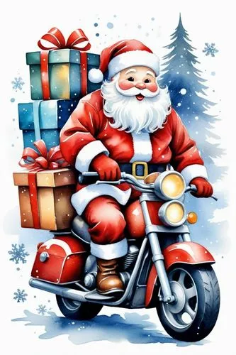 santa claus riding on a motorcycle with gifts,motorcycle tours,christmas messenger,motorcyclist,motocyclisme,motorcycling,santa sleigh