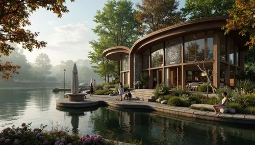 house with lake,house by the water,houseboat,houseboats,boat house,boathouse,floating huts,pavillon,lake view,beautiful home,amazonica,summer house,ponds,forest house,3d rendering,render,water palace,amanresorts,summer cottage,sansar