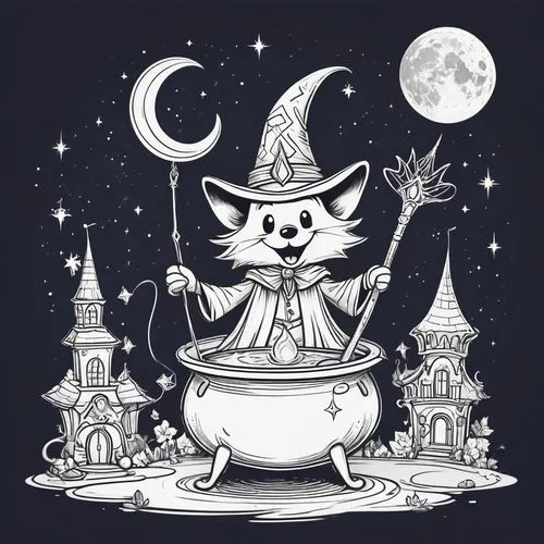 tea party cat,halloween cat,candy cauldron,halloween illustration,moonan,witch hat,Illustration,Black and White,Black and White 04